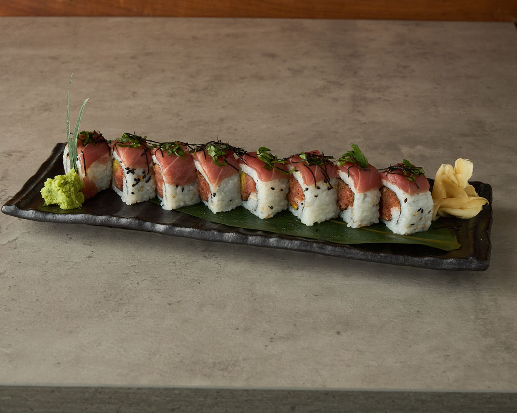 Torotaku spicy tuna rolls — elevated shot showing clean cross-sections